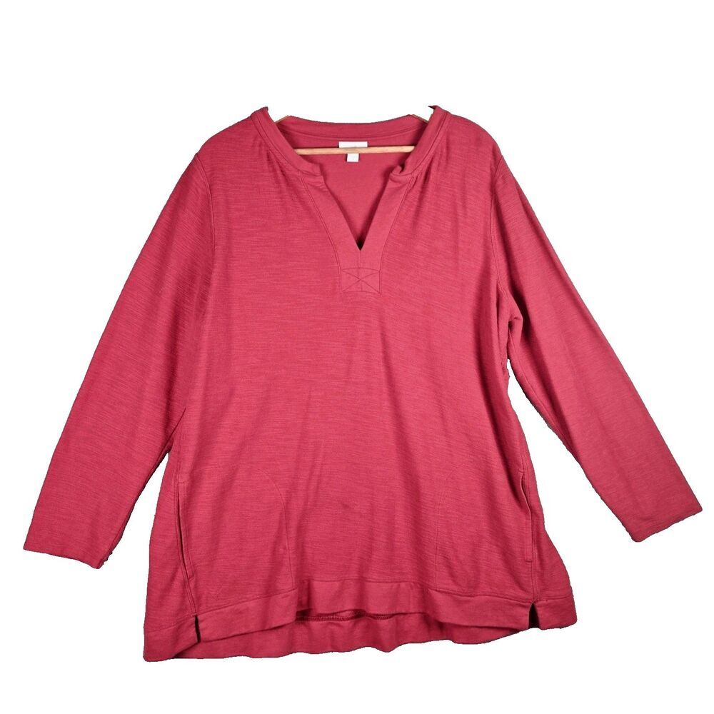 J Jill Womens Tunic Top 2X Red Cotton Blend V Neck Long Sleeve Plus Size Soft